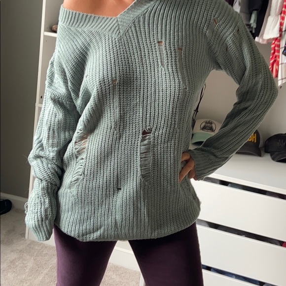 Distressed Oversized Sweater in Sage - Picture 2 of 5